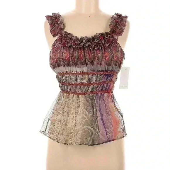 ETRO Women's Silk Chiffon Tank Blouse Top Ruffle Floral Print Shirt 44 Small NWT - Picture 3 of 9